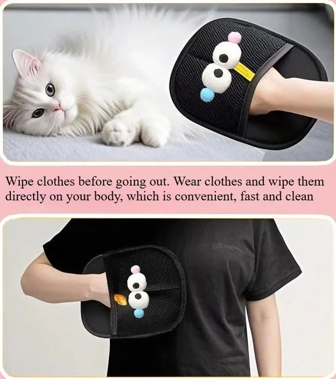Black lint-removing mitt for clothes, featuring cute cartoon eyes and a textured surface for removing pet hair.