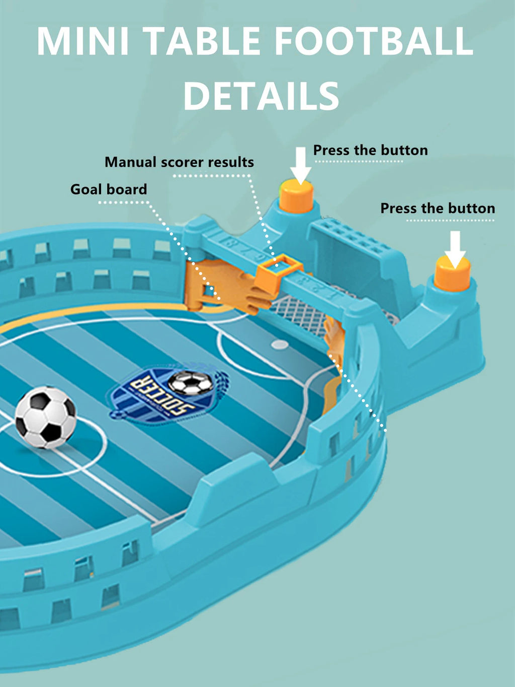 Blue mini table football game with push-button controls, a goal board, manual score tracker, and a small soccer ball.