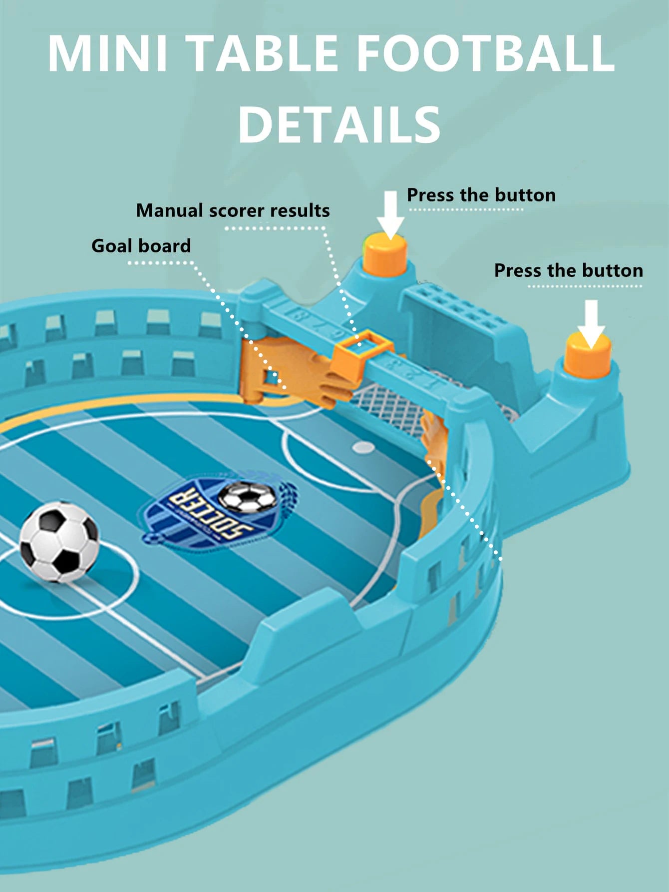 Blue mini table football game with push-button controls, a goal board, manual score tracker, and a small soccer ball.