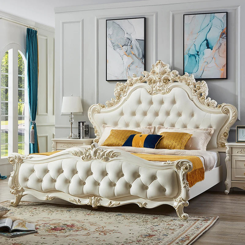 Luxury cream princess bed with a button-tufted headboard, ornate gold-accented wood frame, and elegant carved details.
