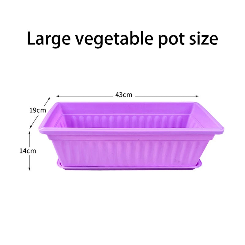 A rectangular light purple plastic garden planter with a matching drip tray, showing dimensions of 43x19x14 cm.