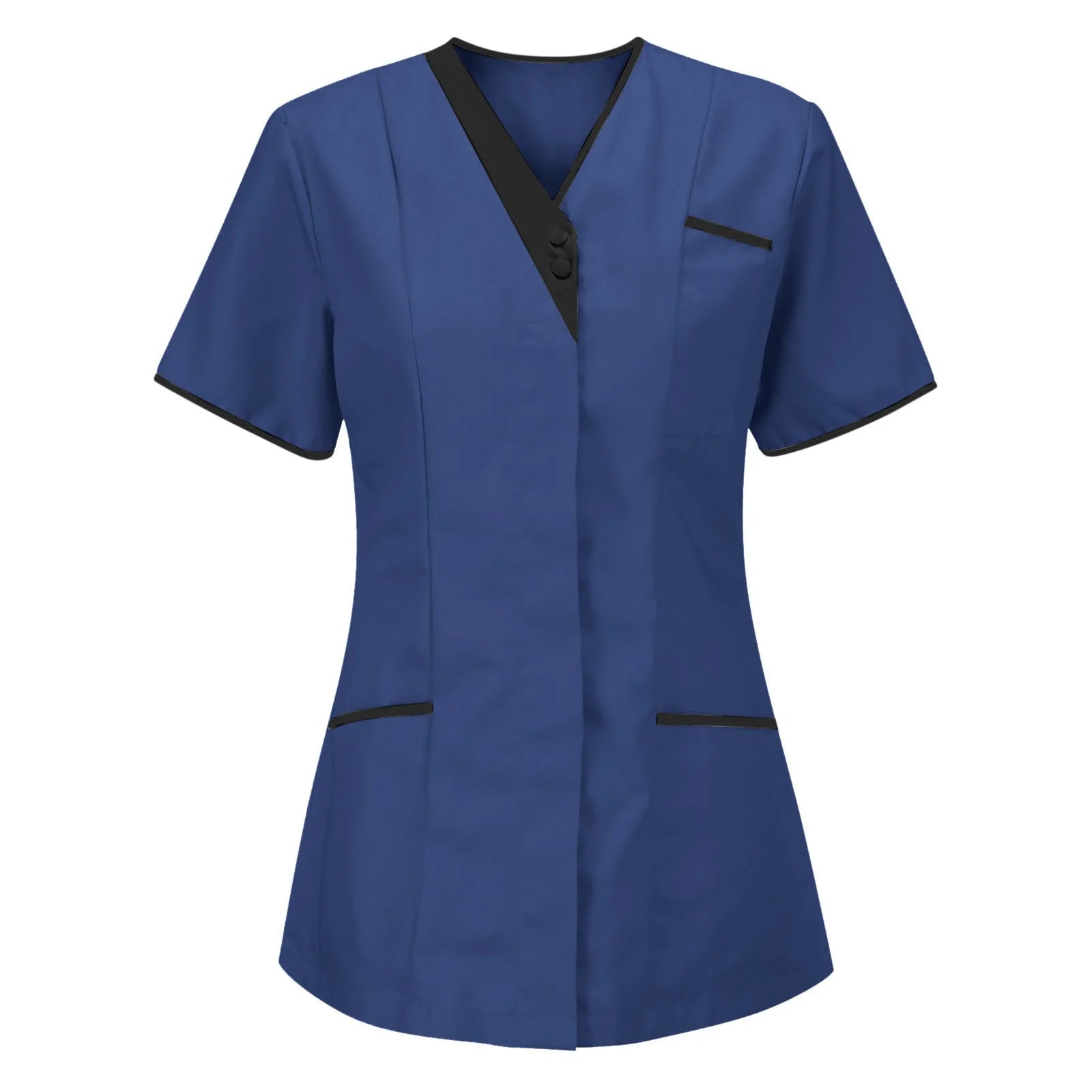 Blue V-neck healthcare tunic with short sleeves, black trim detail, button fastening, and front pockets.