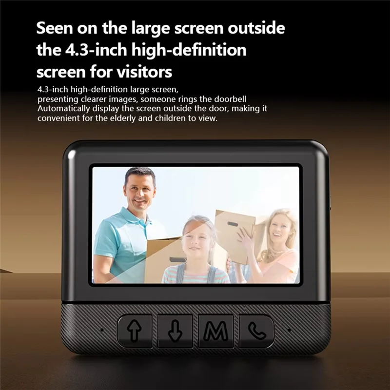 Black smart video doorbell with a 4.3-inch HD screen showing visitors, featuring textured buttons for easy navigation.