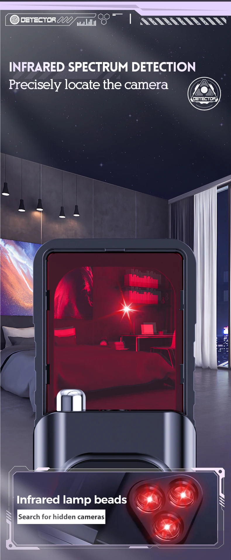 Black plastic handheld infrared hidden camera detector with three red LED beads and a red viewing filter.
