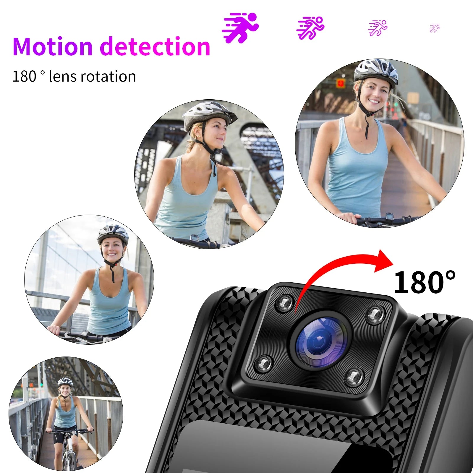 Black plastic action camera with a rotating lens and geometric texture, featuring motion detection technology.