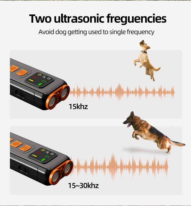 Black rechargeable dog deterrent device with orange buttons, showing two ultrasonic frequency modes to aid dog training.