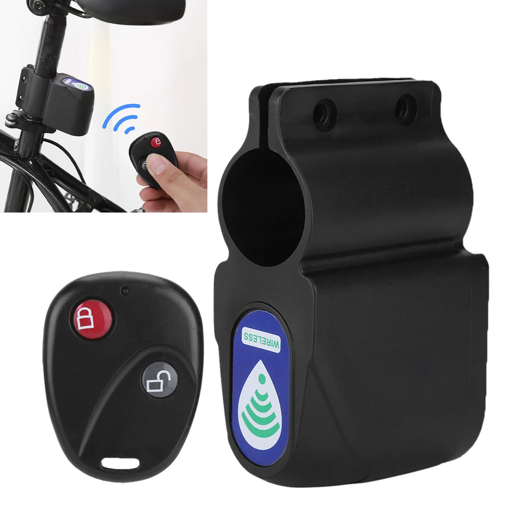 Black plastic wireless bicycle security alarm with a remote control, shown mounted on a bike seat post.