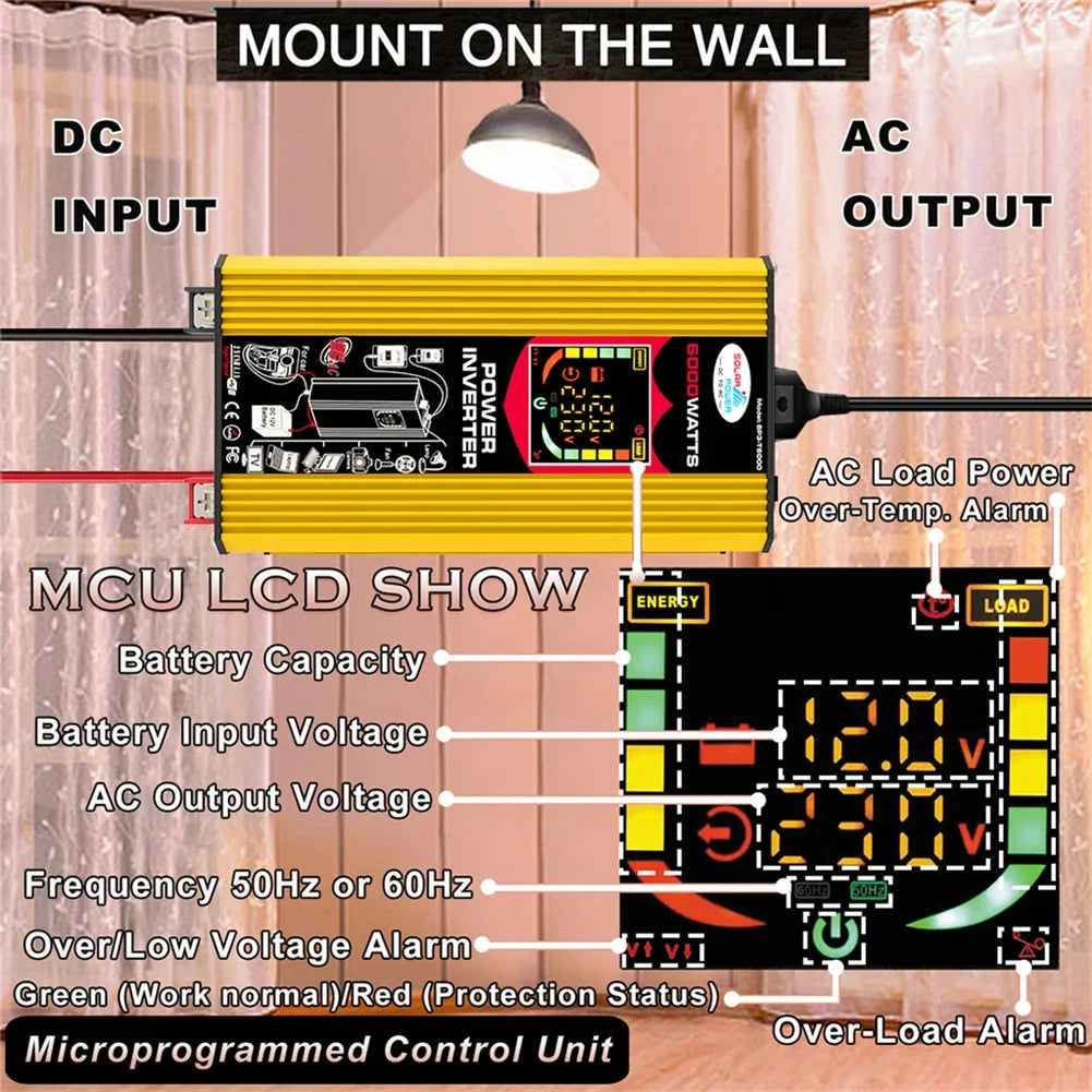 Yellow 6000W car power inverter with a black control panel and digital LCD screen showing voltage and battery status.