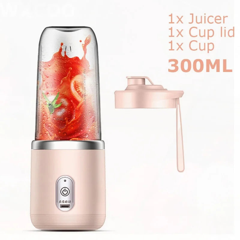 Portable 300ml pink personal blender with clear cup, matching lid, and power button, showing tomato juice inside.