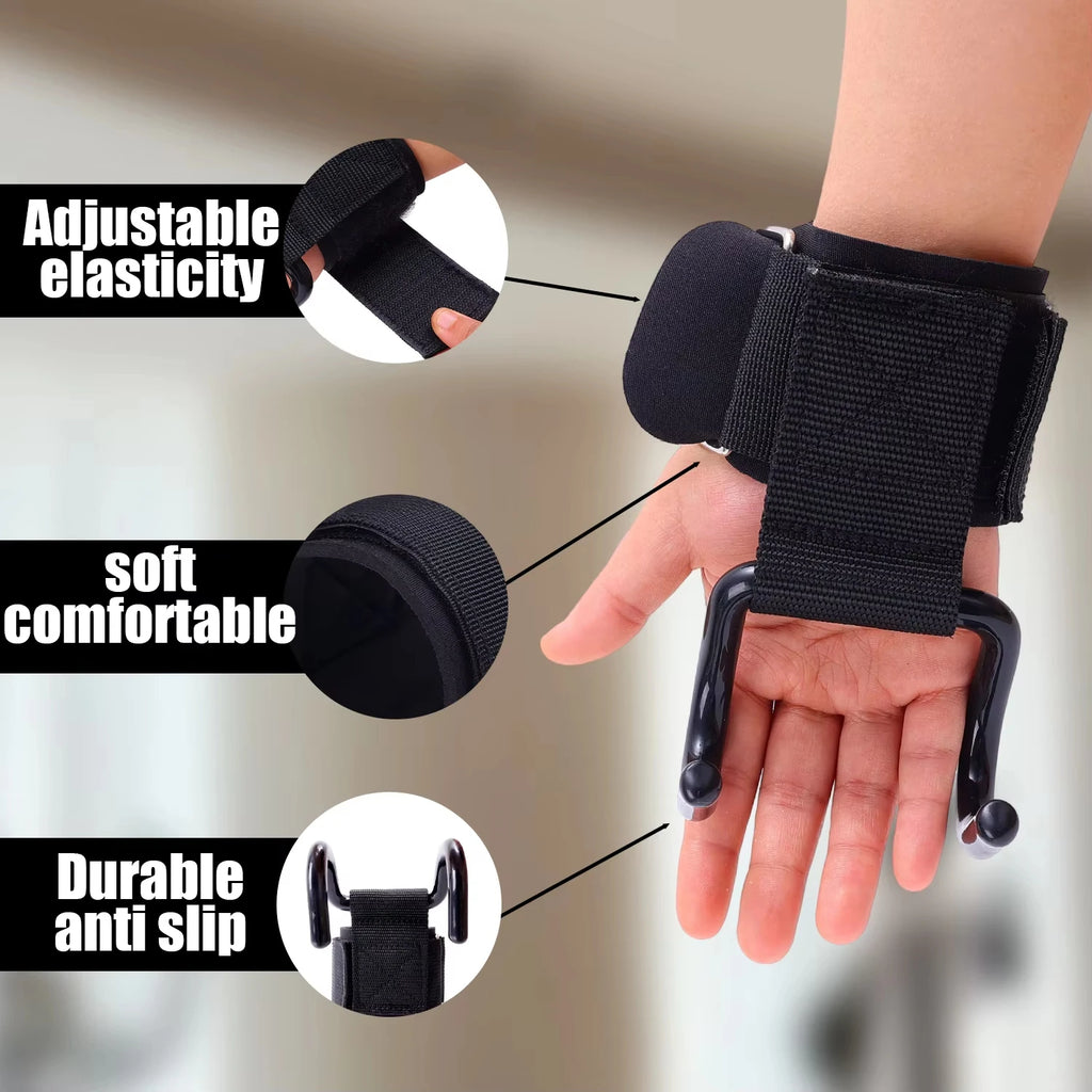 Black weightlifting wrist straps with an adjustable velcro fastening and metal hook for added grip during exercise.