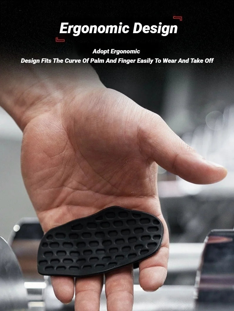 Black textured gym grip pad held in the palm of a hand, featuring an ergonomic, honeycomb-patterned design.