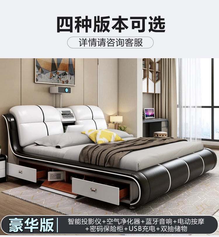 Modern cream and black leather bed frame with integrated storage drawers, built-in side table, and minimalist design.