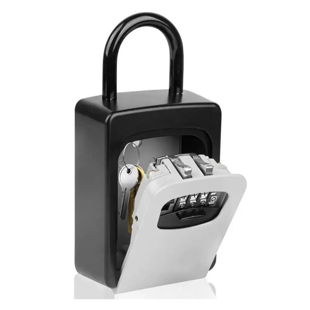Black metal key lock box with a shackle, four-digit combination dial, and open front cover holding a set of keys.