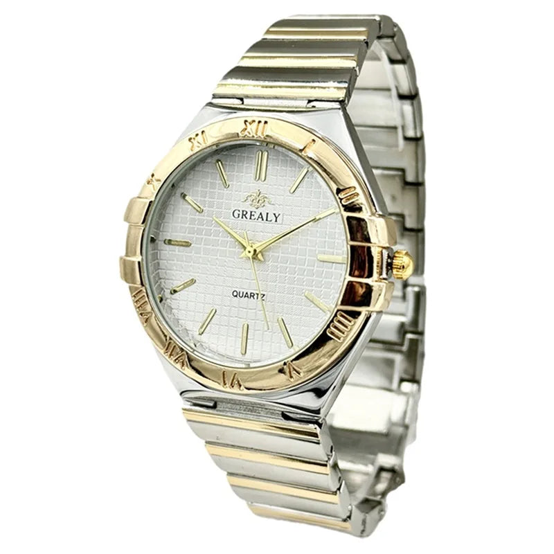Gold and silver quartz wristwatch with a textured white dial, Roman numerals on the bezel, and a link bracelet.