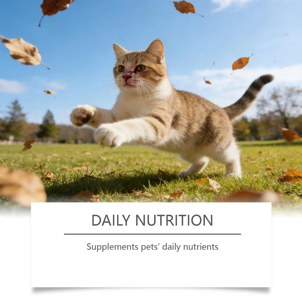 A playful ginger and white tabby cat leaping through falling autumn leaves on a grassy field. Text reads: Daily Nutrition.
