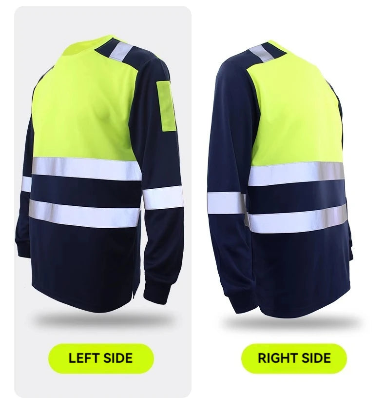 Men's navy and hi-vis yellow long-sleeve work shirt with reflective strips and shoulder patches. View of both sides.