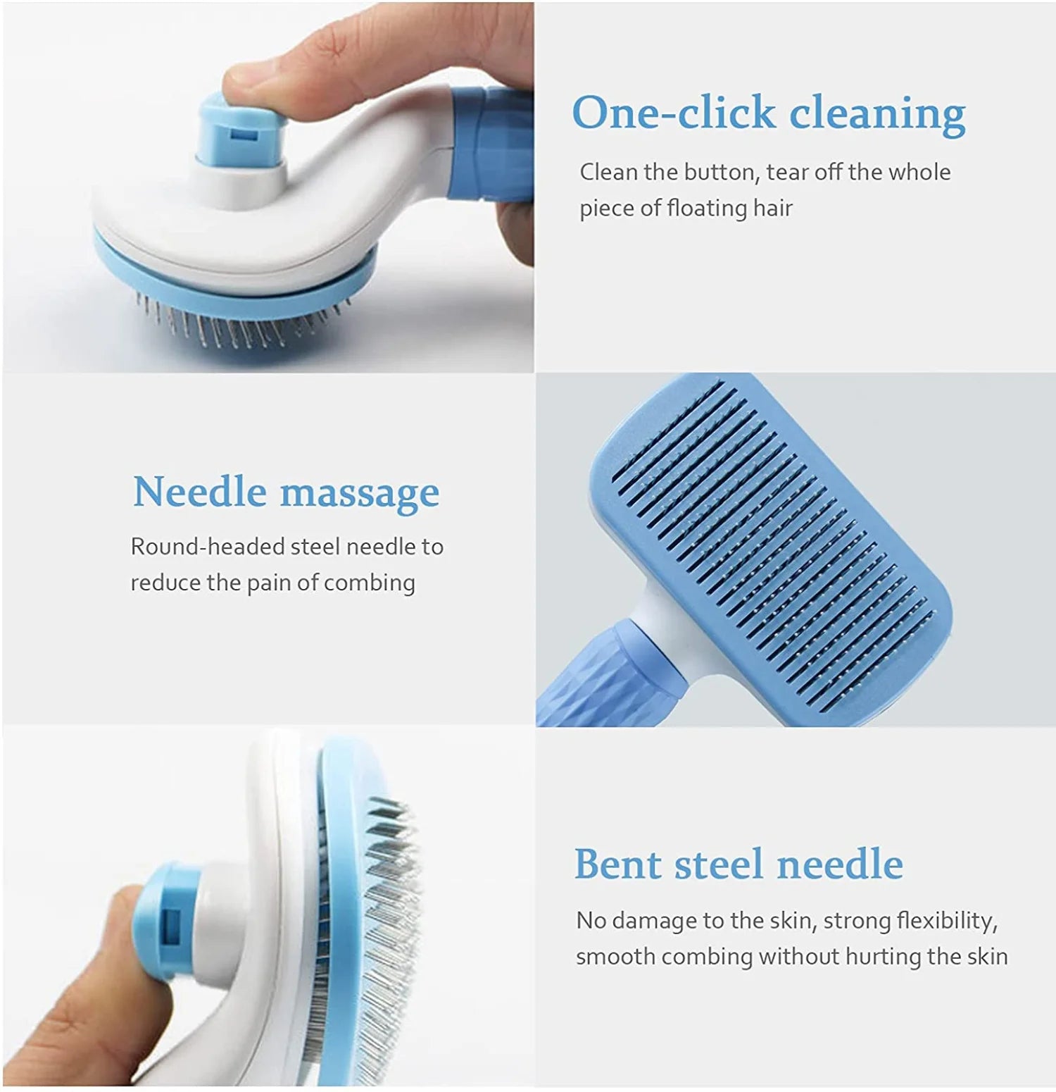 Blue and white self-cleaning pet grooming brush with rounded steel bristles for gentle detangling and massage.