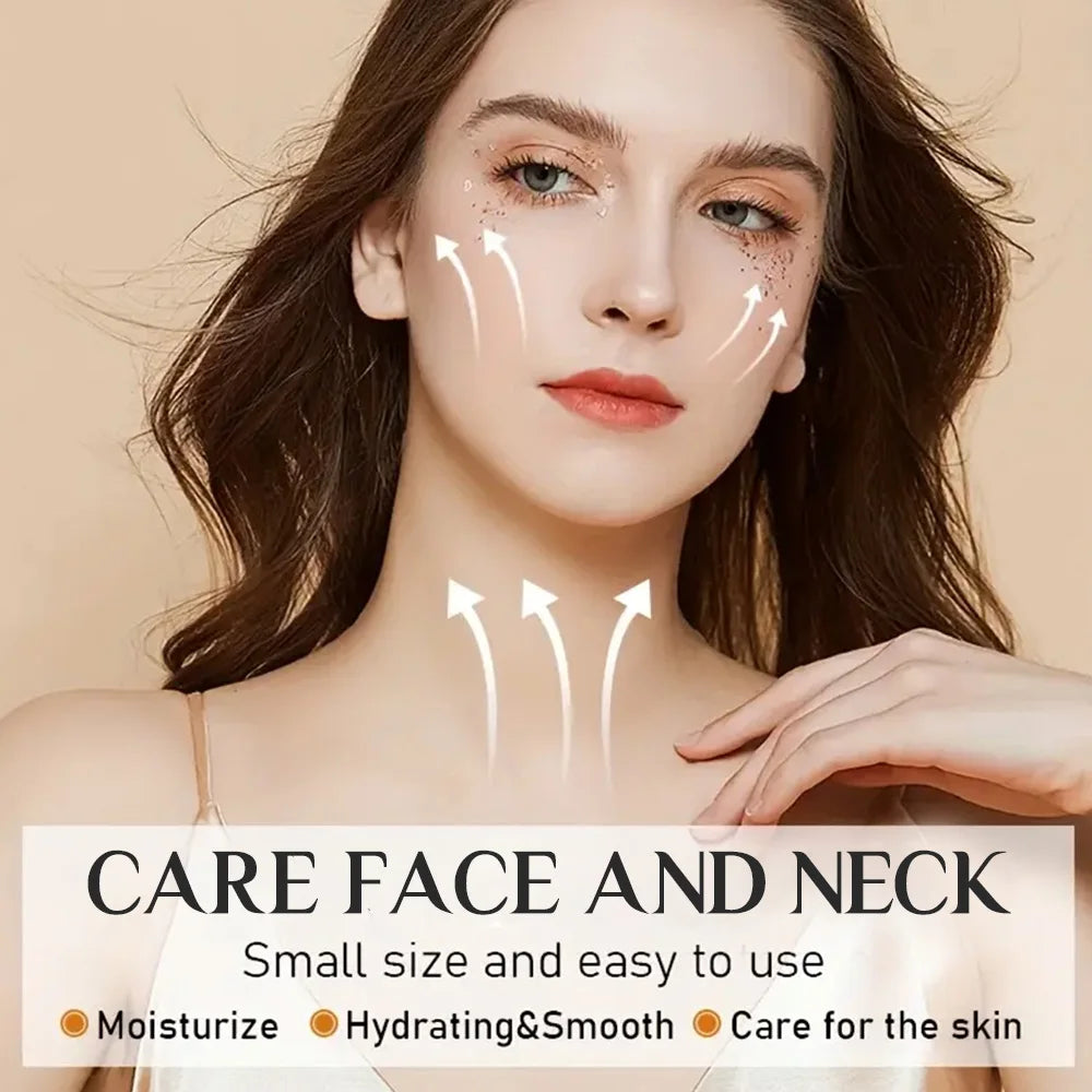 Woman showing face and neck skincare routine with upward arrows indicating lifting and moisturizing benefits.
