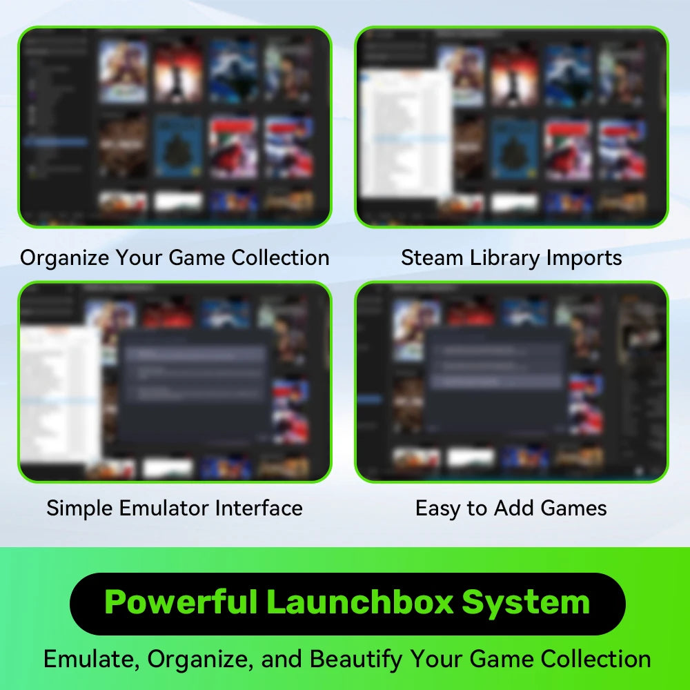 Four screenshots of the Launchbox retro gaming OS interface showing game library organization.