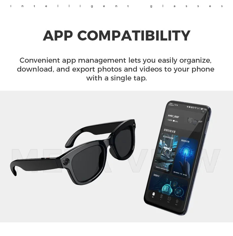 Sleek black AI smart glasses with a built-in camera, shown alongside a smartphone displaying the companion control app.