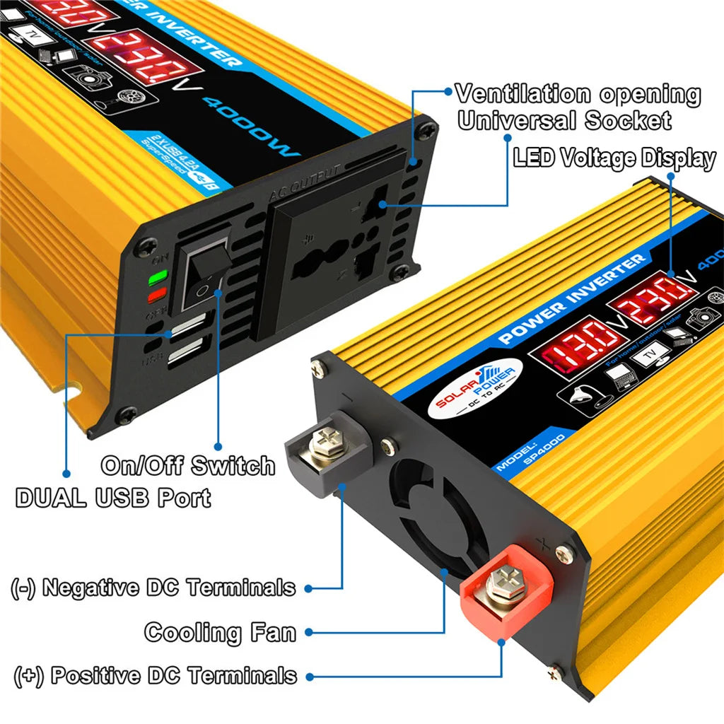 Yellow 4000W DC to AC power inverter featuring LED voltage display, dual USB ports, cooling fan, and universal socket.
