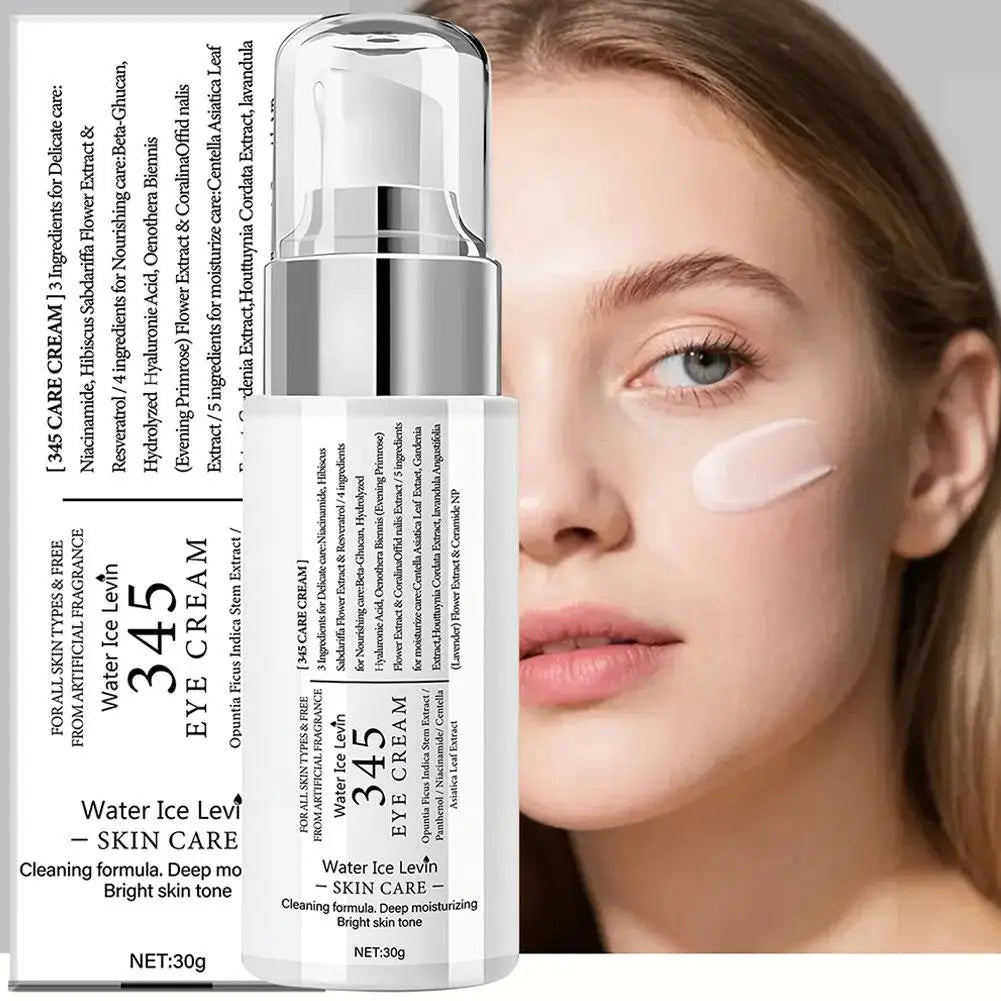 White pump bottle of 30g eye cream for all skin types, shown next to a model with cream applied under her eye.