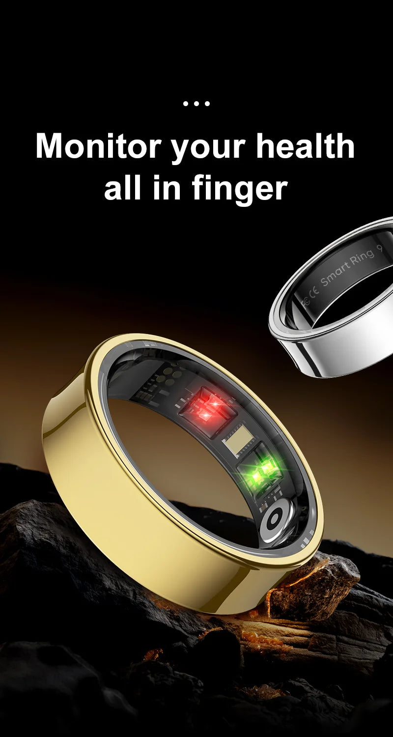 Sleek gold and silver health-tracking smart rings with glowing LED sensors, displayed on a dark, textured background.