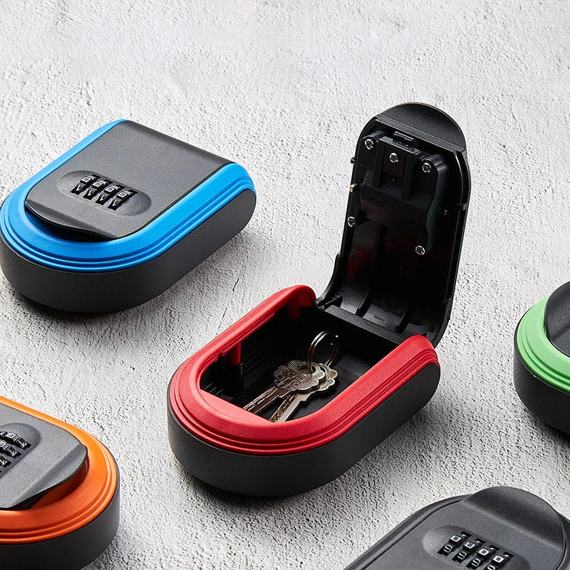 Multi-colored plastic and metal wall-mounted key lock boxes with four-digit combination dials.