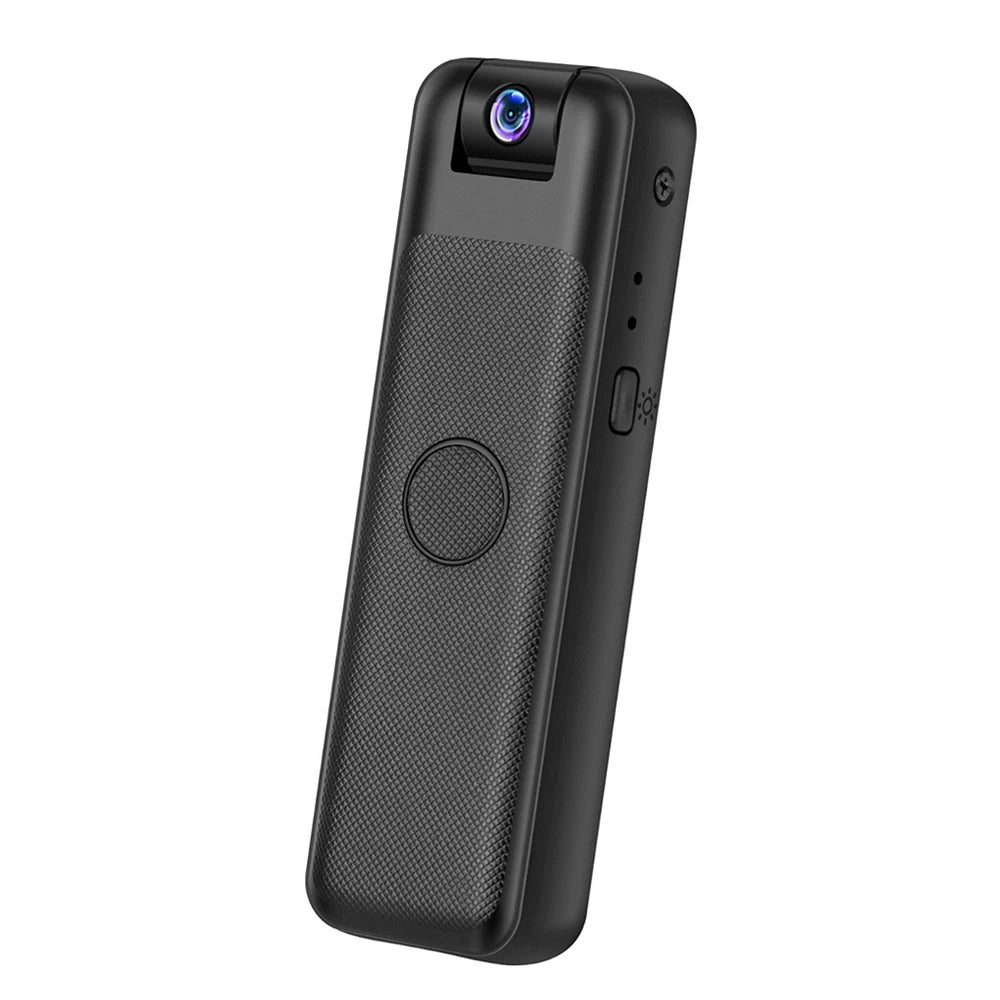 Black plastic portable mini body camera with a textured grip, a front record button, and a top-mounted lens.