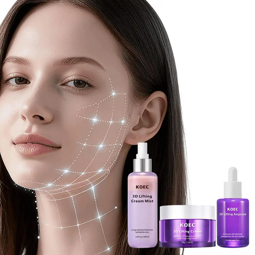 Woman with a facial lifting grid overlay, next to a purple spray mist, jar cream, and dropper bottle skincare set.