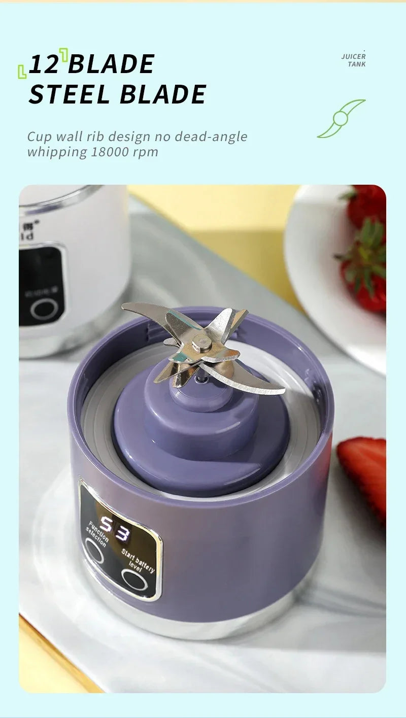 Purple portable blender base with a 12-blade steel assembly and digital control panel.