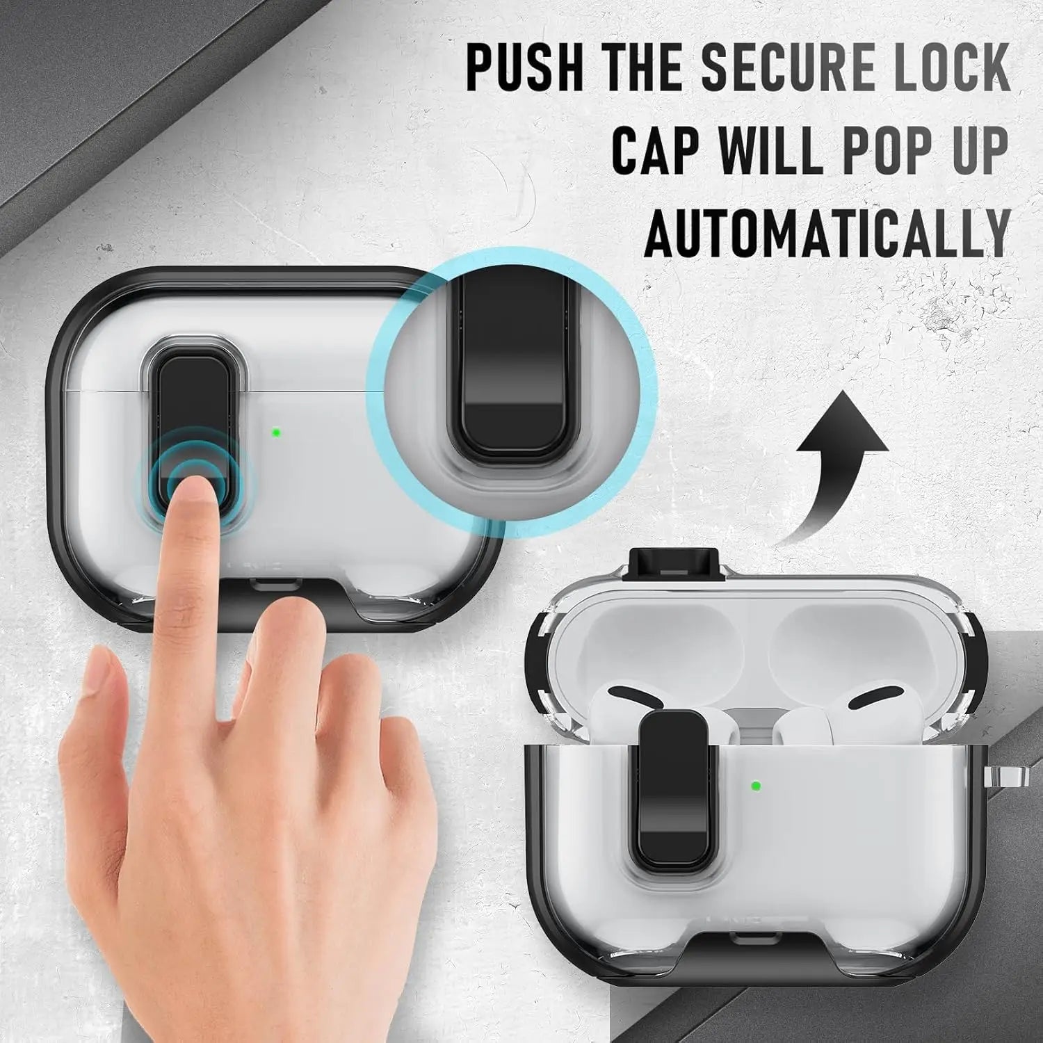 Clear and black protective case with secure lock for AirPods Pro, showing the pop-up mechanism.
