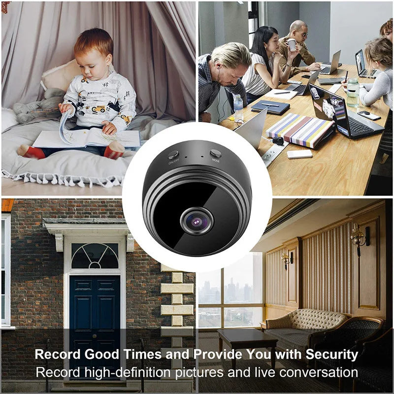 Small black round plastic security camera with a lens and top buttons, shown in various home and office environments.
