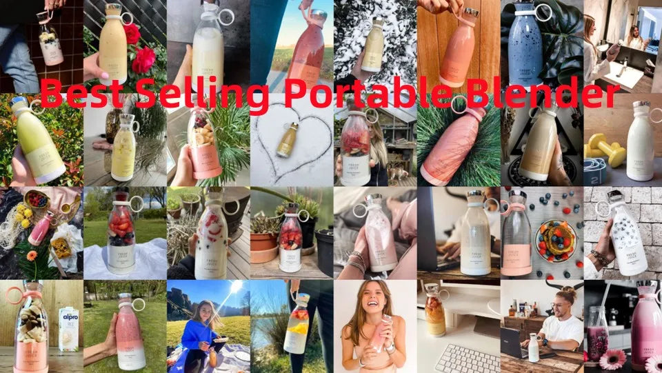 Collage of portable, cylindrical blenders in various pastel and solid colors, featuring a convenient carrying loop.