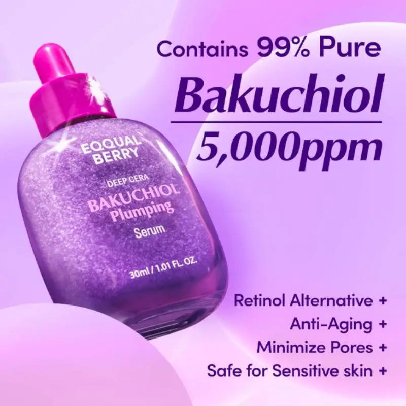 Purple, sparkling plumping face serum in a dropper bottle. Contains bakuchiol for anti-aging and sensitive skin.