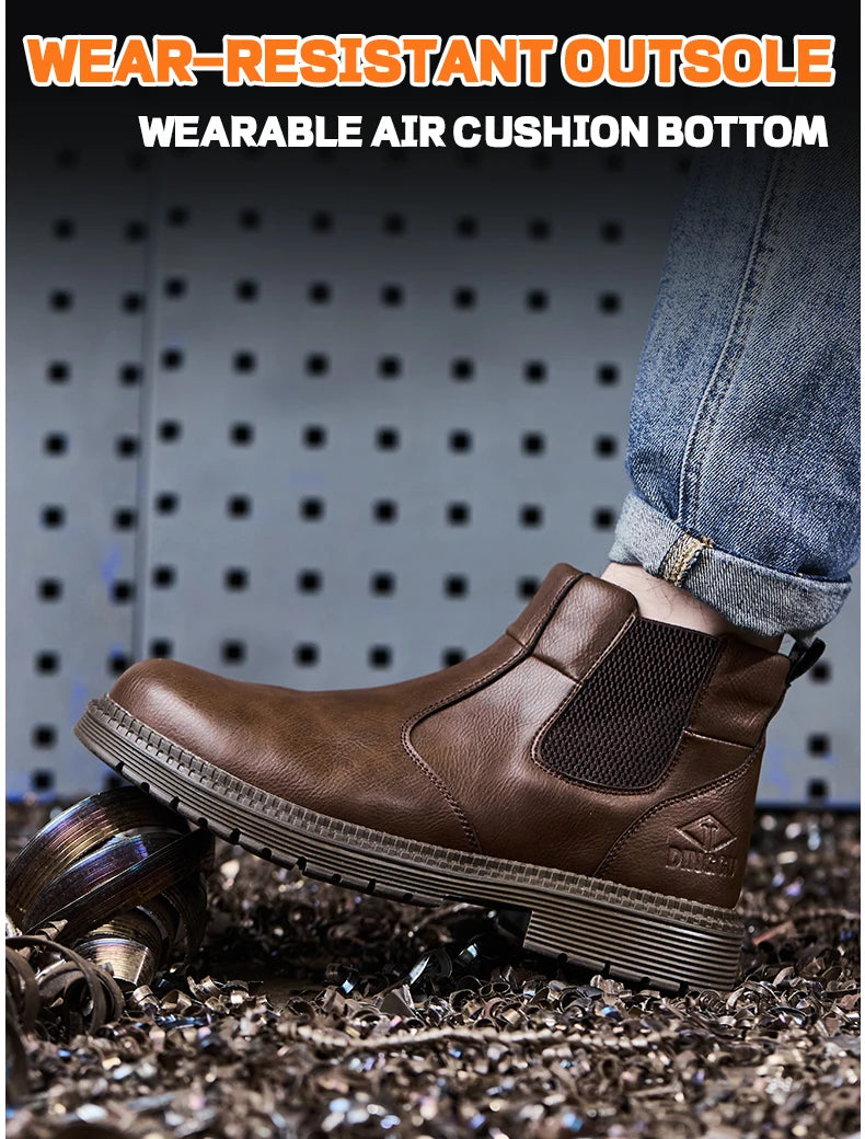 Brown leather safety boot with steel toe, elastic side panel, and treaded sole stepping on metal shavings.