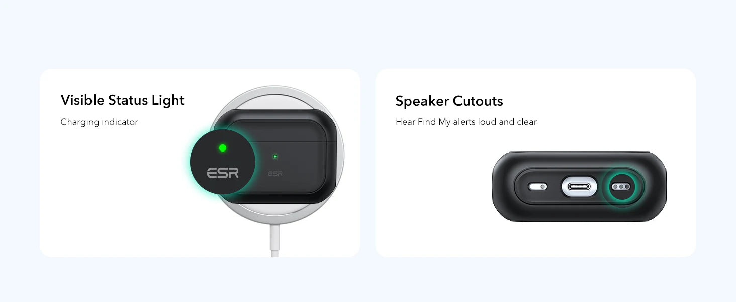 Black ESR protective case for AirPods Pro 2, featuring visible status light, speaker cutouts and magnetic charging.