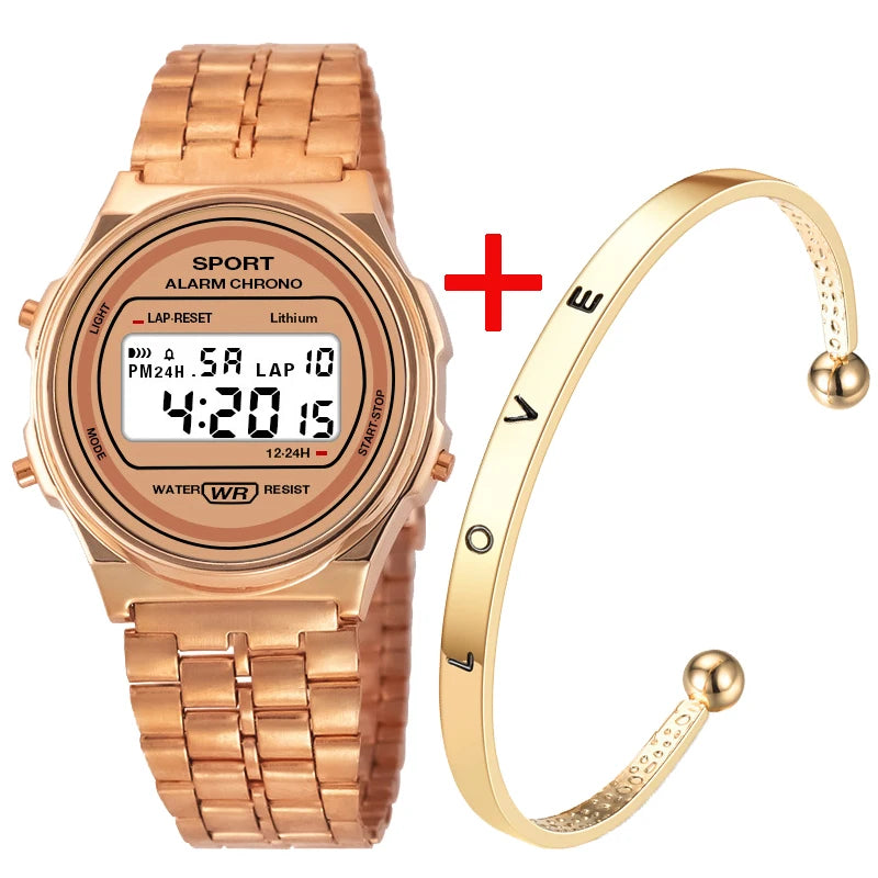 Rose gold retro-style digital watch with a matching gold-tone 'LOVE' bangle bracelet.