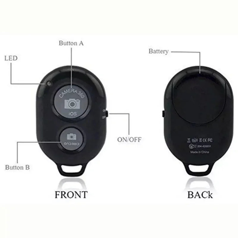 Black plastic Bluetooth camera remote shutter with iOS and Android buttons, LED indicator, and side on/off switch.