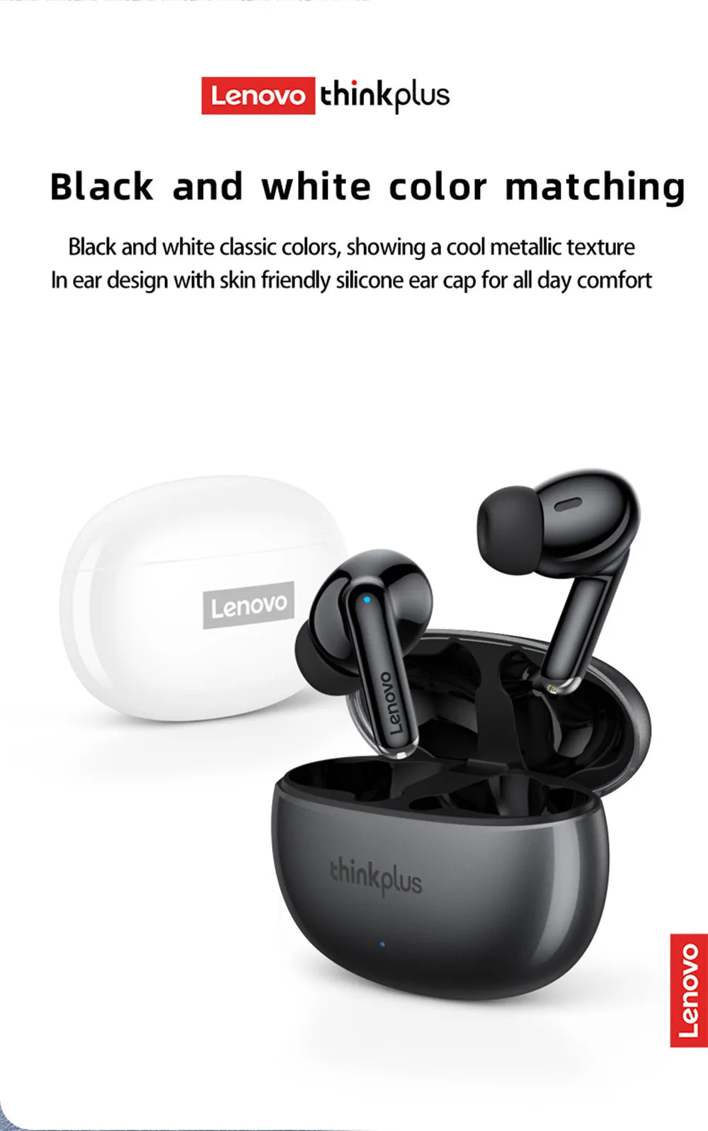 Black and white wireless in-ear earbuds with a glossy metallic finish, shown with their matching charging cases.