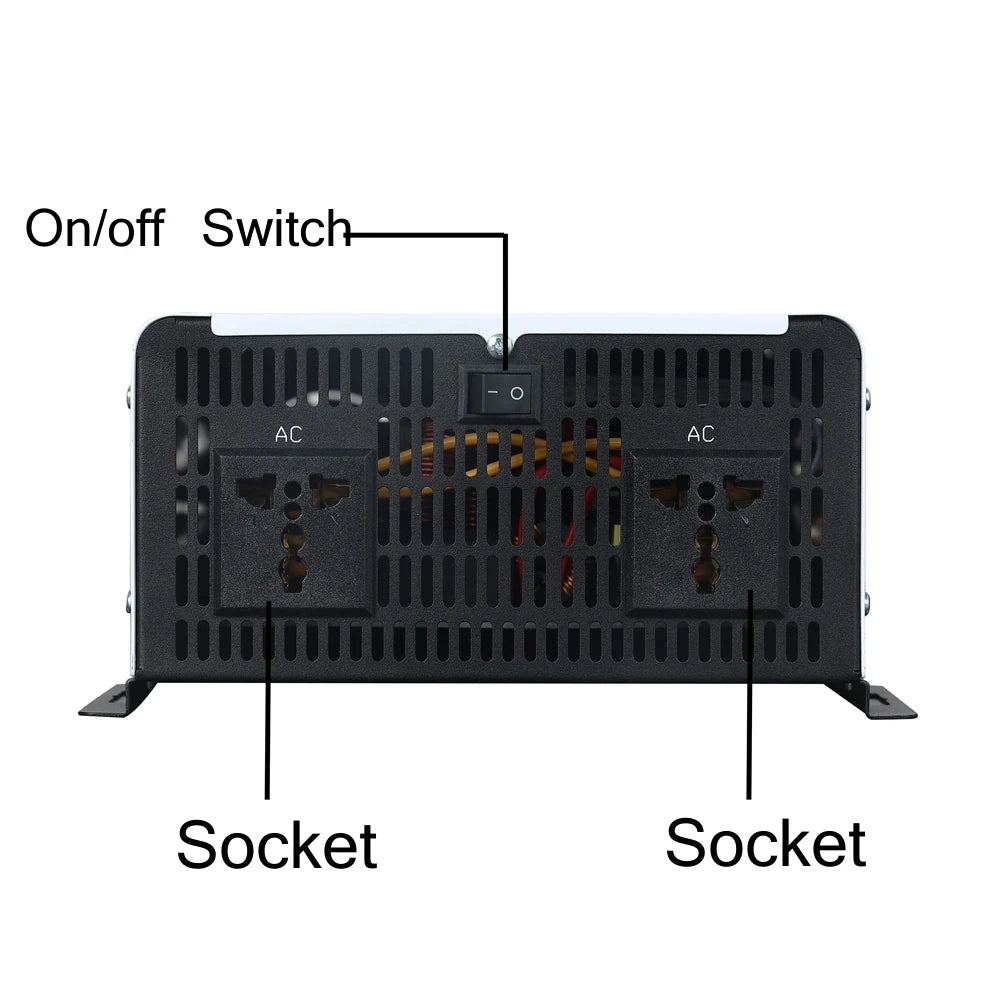 Black, rectangular DC to AC power inverter featuring an on/off switch and two AC power sockets.