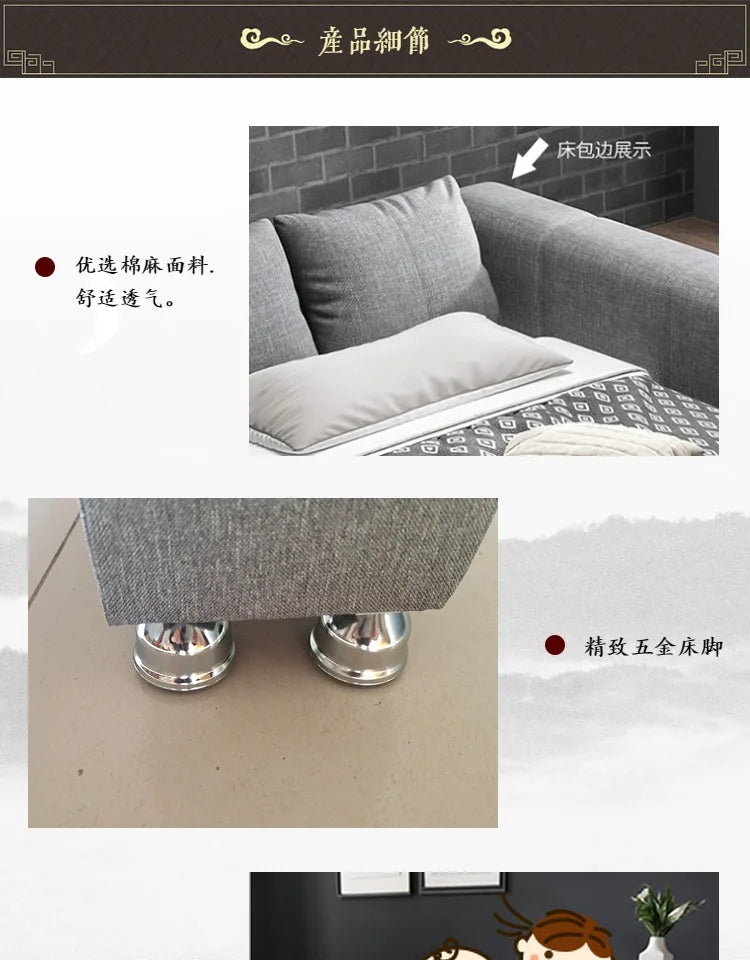 Modern double bed in grey fabric with a padded headboard, breathable linen-look upholstery, and chrome feet.