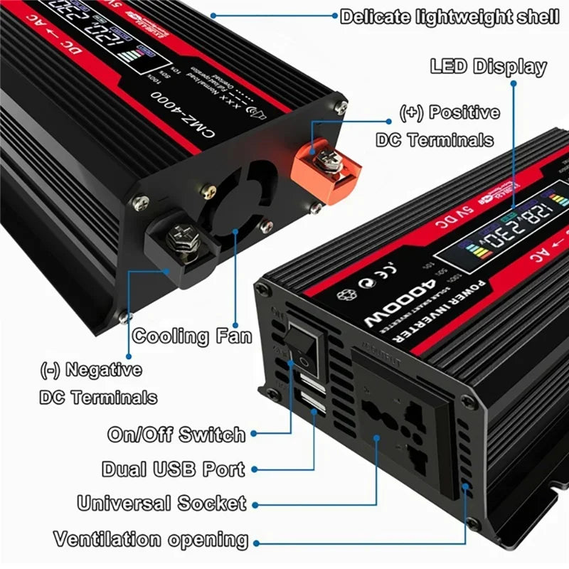 Black and red 4000W power inverter with LCD display, cooling fan, USB ports, universal socket and DC terminals.