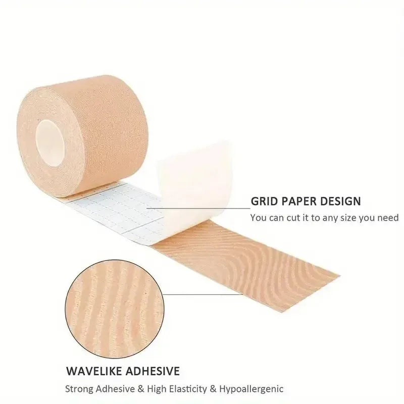 Beige kinesiology tape roll with a grid-patterned backing and a wavelike adhesive texture.