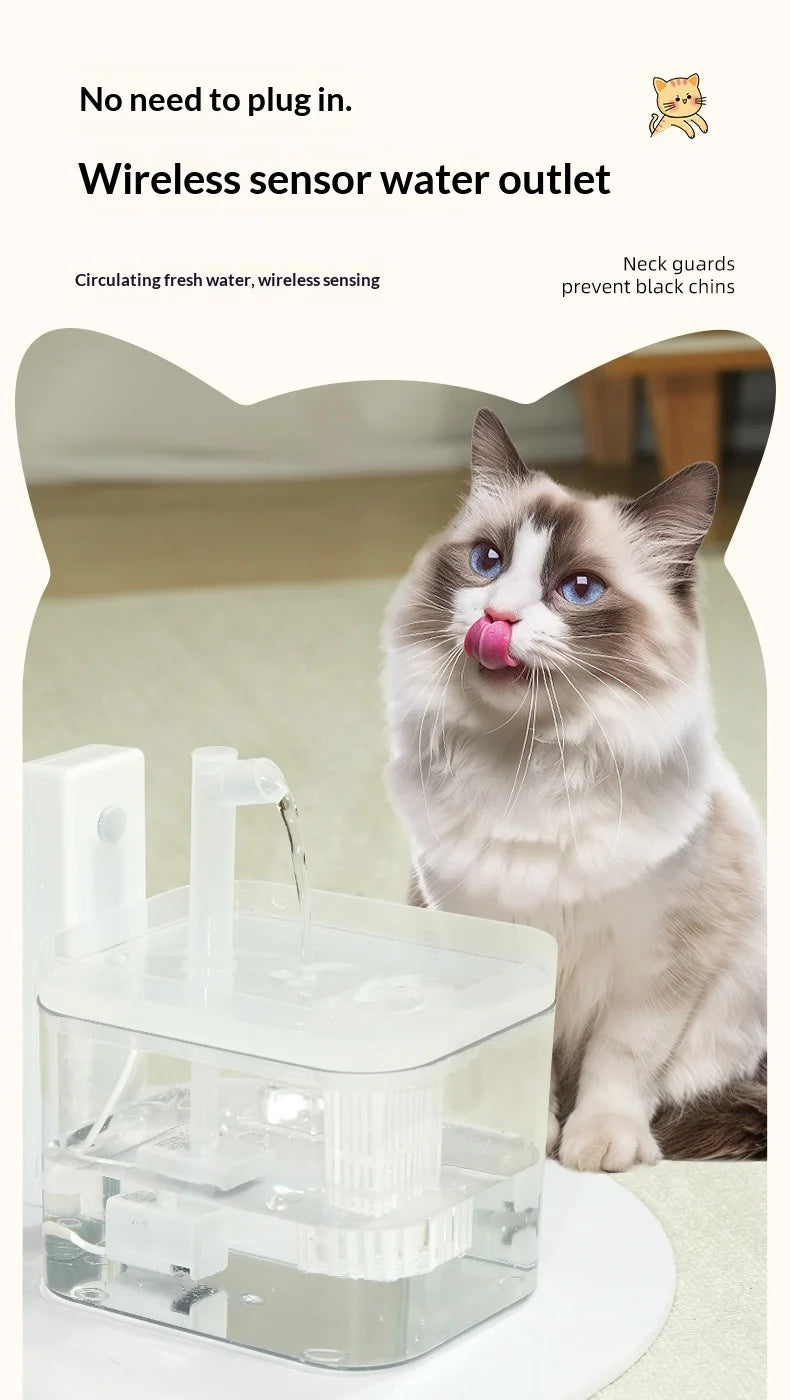 A white, wireless automatic pet water fountain with a filtered, sensor-activated spout, beside a cat.