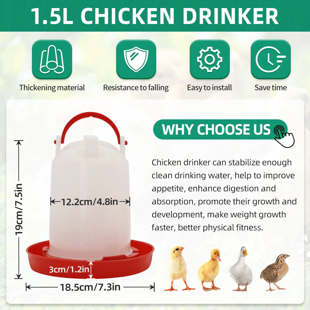 1.5L poultry drinker with translucent white reservoir and red base and handle, including product dimensions and icons.