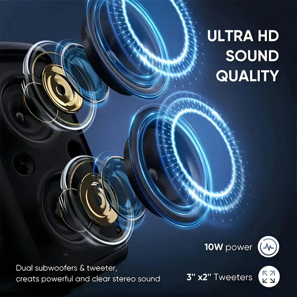 Portable black karaoke speaker with blue LED light rings, dual subwoofers, and tweeters for high-quality stereo sound.