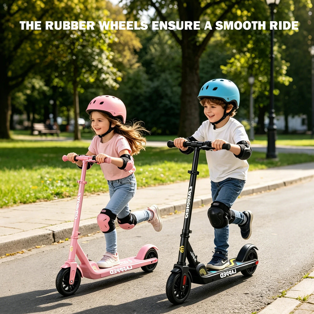 Two children riding pink and black AOVOPRO foldable electric scooters with rubber wheels on a park path.