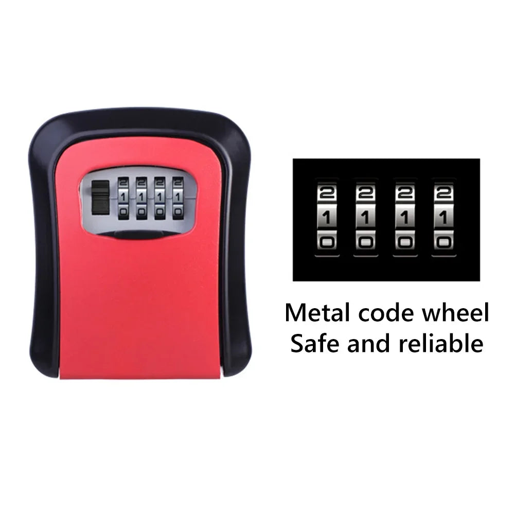 Red and black metal wall-mounted key lock box with a four-digit resettable combination dial.