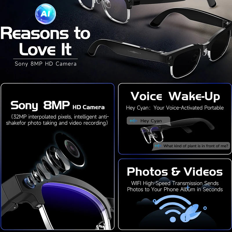 Sleek black smart glasses featuring a built-in HD camera, voice-activated AI, and wireless photo-video transmission.